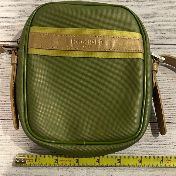 Longchamp Paris Blue Vinyl Crossbody Purse Brown Adjustable Strap Yellow Trim - Picture 6 of 8